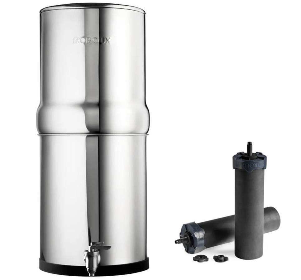 Boroux Legacy Gravity-Fed Countertop Stainless Steel Water Filter System, one of the best water filters